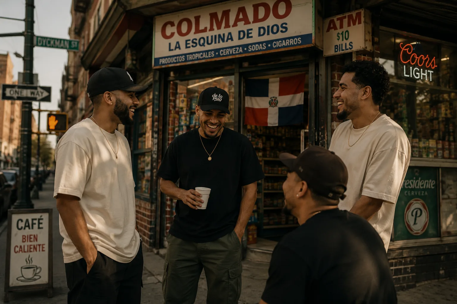 Friends laughing in front of the neighborhood bodega