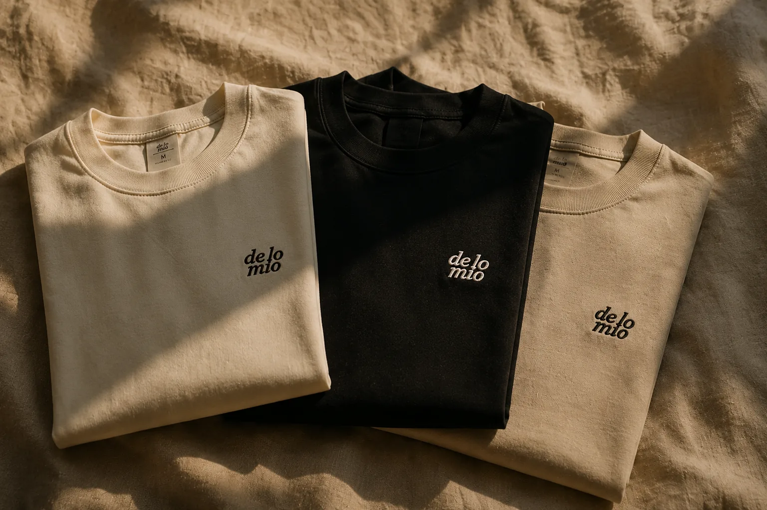 Three folded heavyweight de lo mío tees in cream, black, and sand with embroidered chest mark