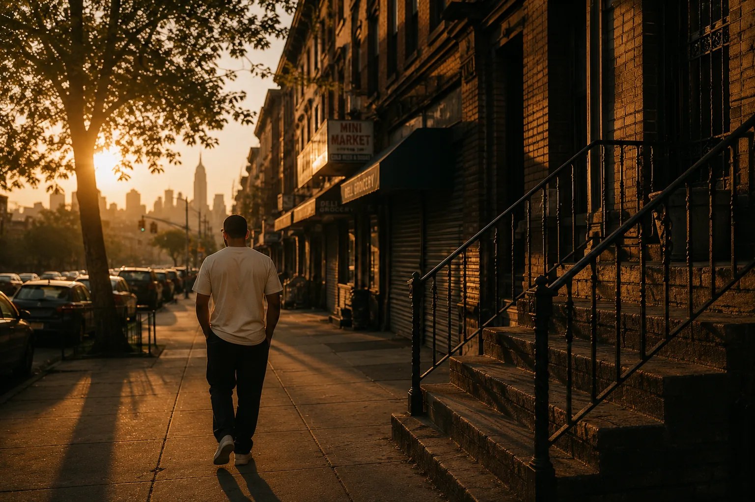 A man in a cream tee walking a brownstone block at golden hour with the Manhattan skyline beyond