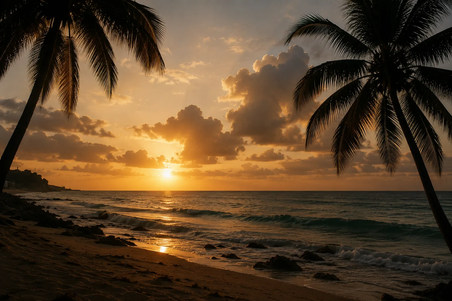 Tropical sunset over a sandy Dominican shoreline